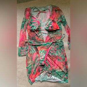 Tropical Print Bikini Set with Cover-Up